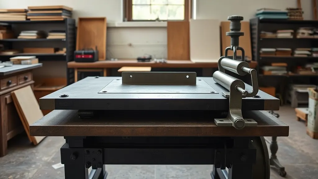 The flatbed proof press with a forme locked up on the bed